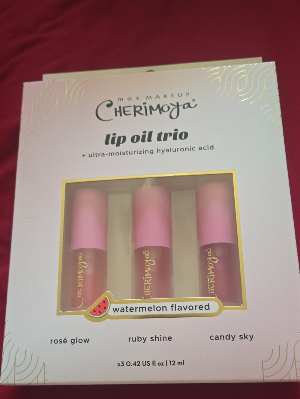 Lip Oil Trio — Watermelon Flavored Gloss Set (Rosé Glow, Ruby Shine, Candy Sky)